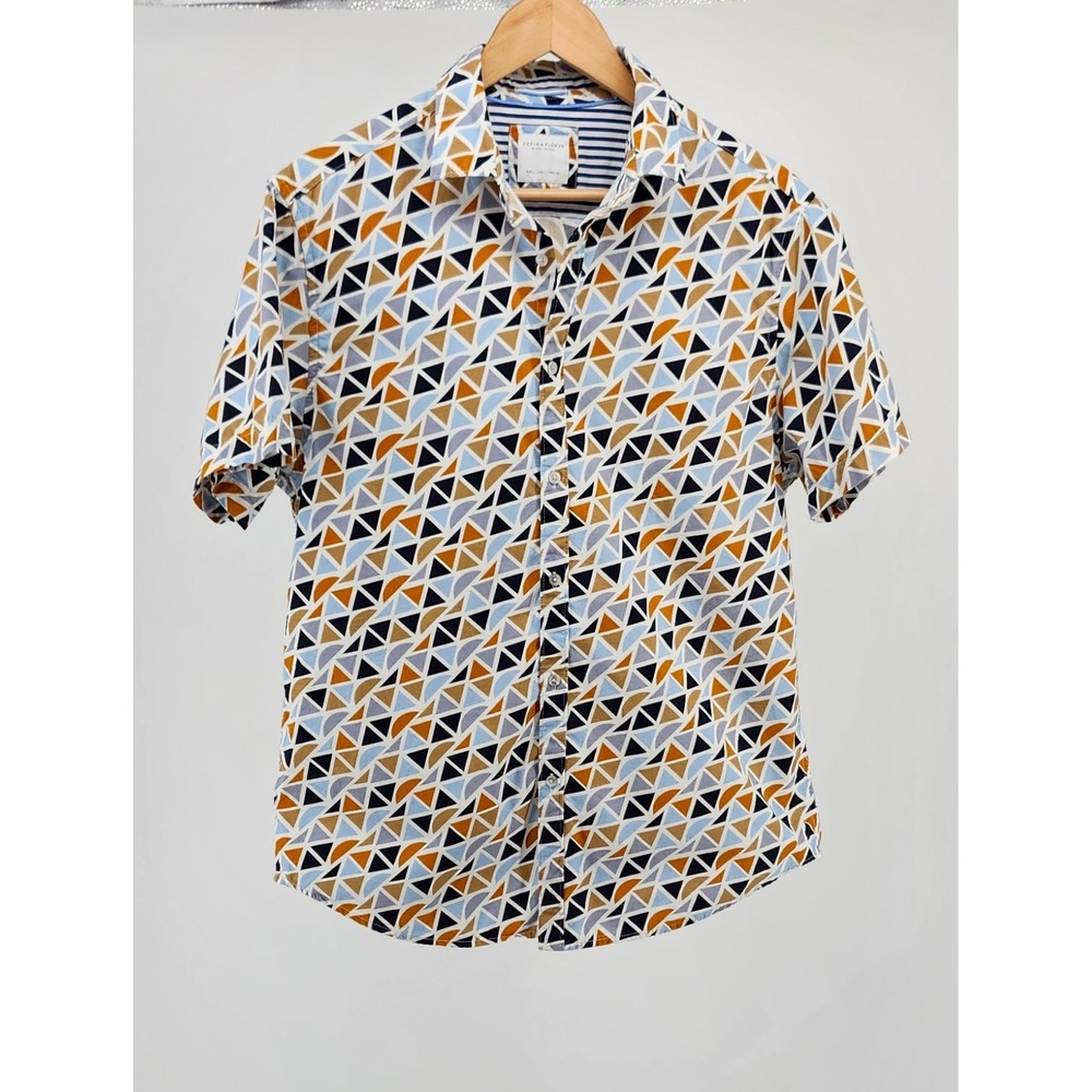 Denim & Flower Ricky Singh Mens Large Geometric Triangle Short Sleeve Shirt Blue